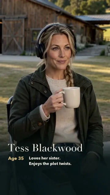 Tess Blackwood with headphones and a coffee mug